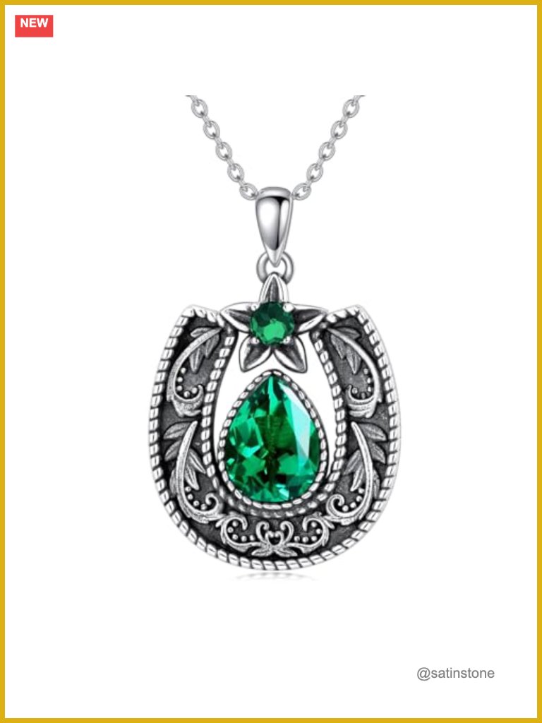 Horseshoe Gemstone Pendant Necklace 925 Sterling Silver Filigree Birthstone